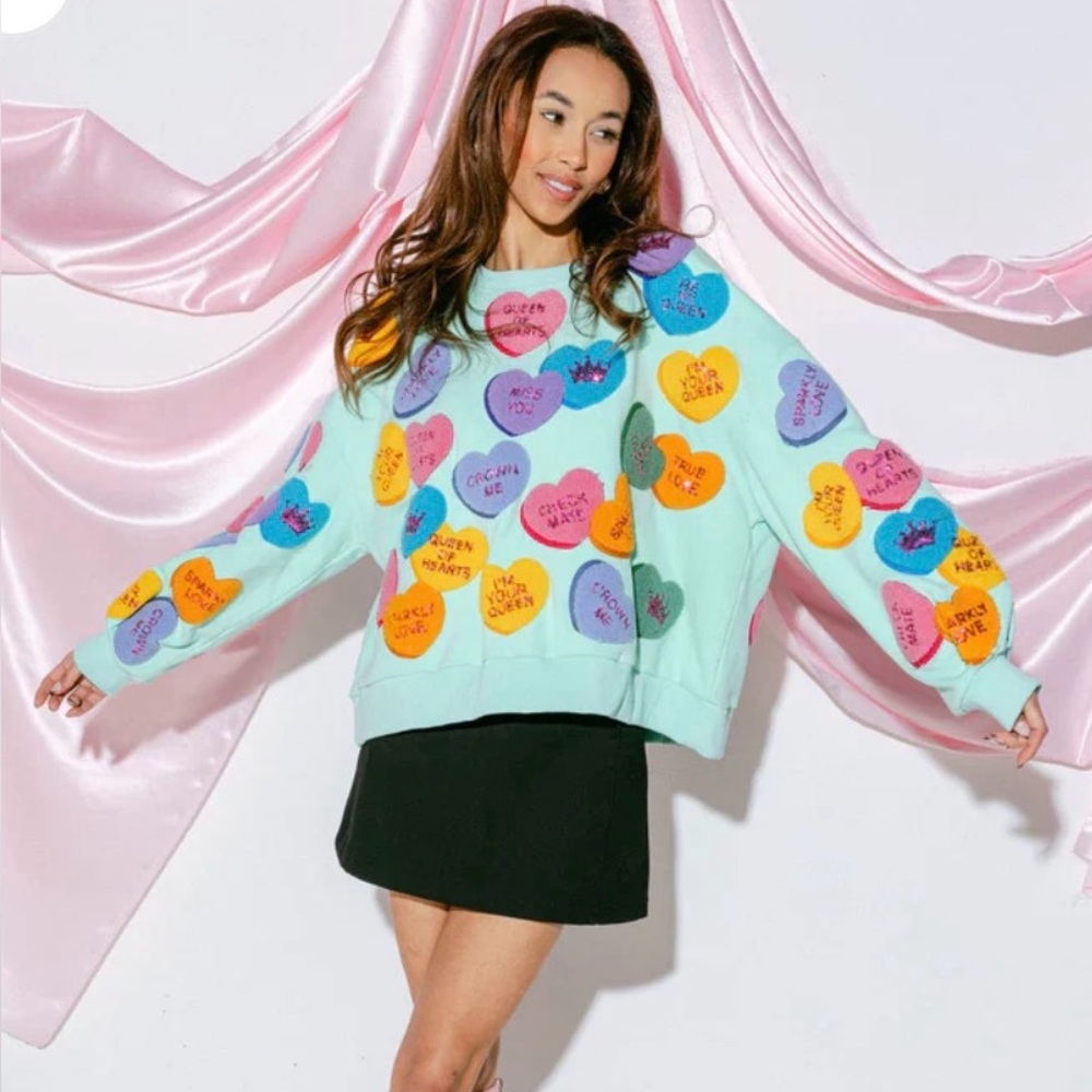 BNWOT Queen of Sparkles Mint Fuzzy Heart Sweatshirt Size XS